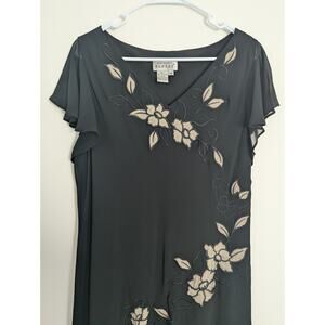 Adrianna Papell Black Chiffon Floral Appliqué Dress Size 14 Formal Evening Chic